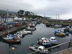 Carnlough Harbour with many boats.